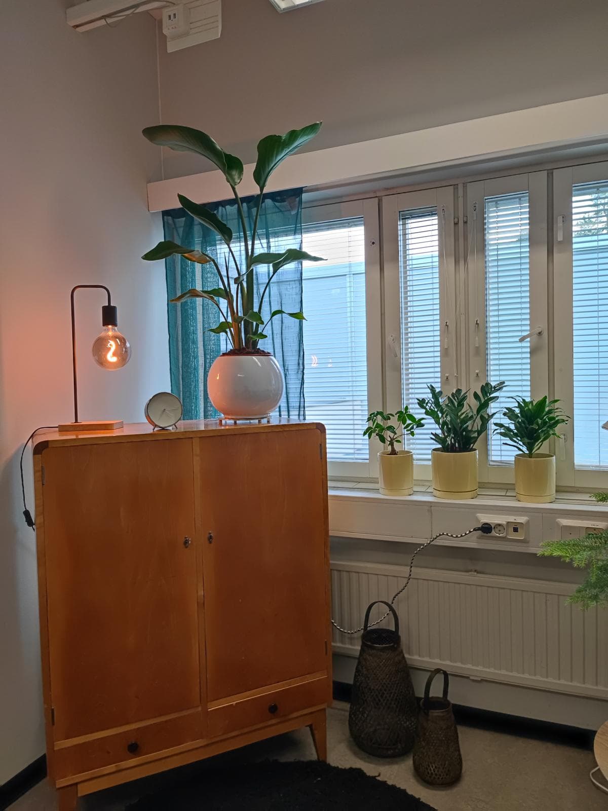 Vanha puukaappi, valaisin ja kasveja ikkunalaudalla